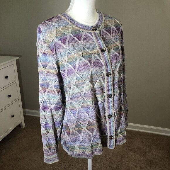 Vintage 70s Pastel Cardigan M Diamond Argyle Button Front Grandma - Picture 5 of 12